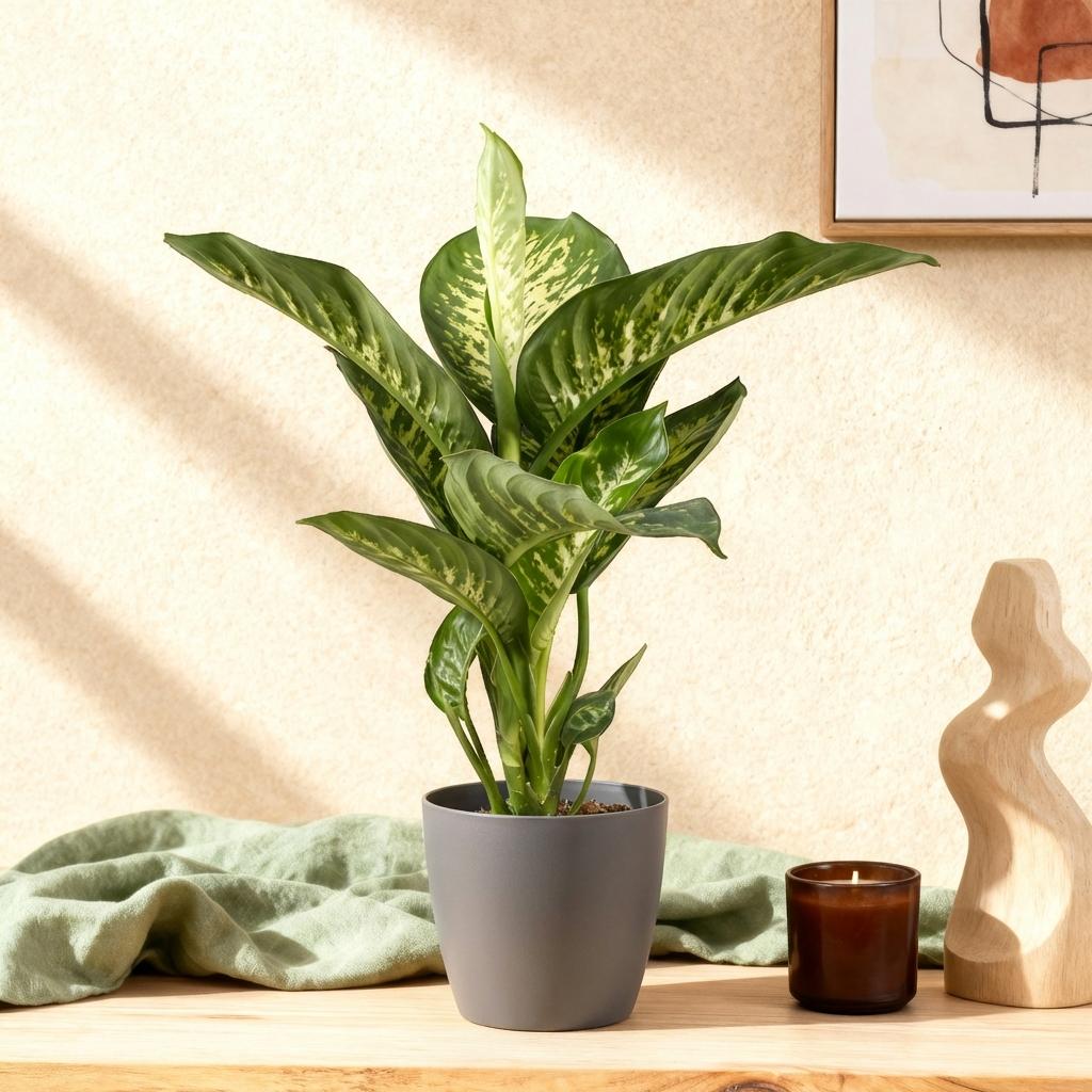 Dieffenbachia im grauen Topf 'Tropic Snow' (Dieffenbachia amoena)
